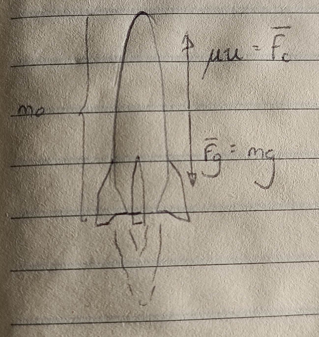 rocket launching vertically with exhaust and gravity forces diagram